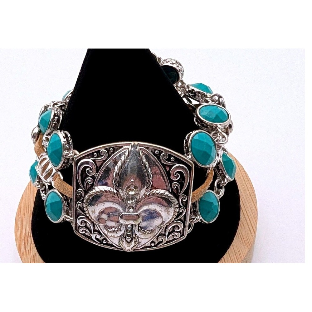 Fleur de Lis Crown Multi Strand Magnetic Bracelet Teal Silver Tone Statement